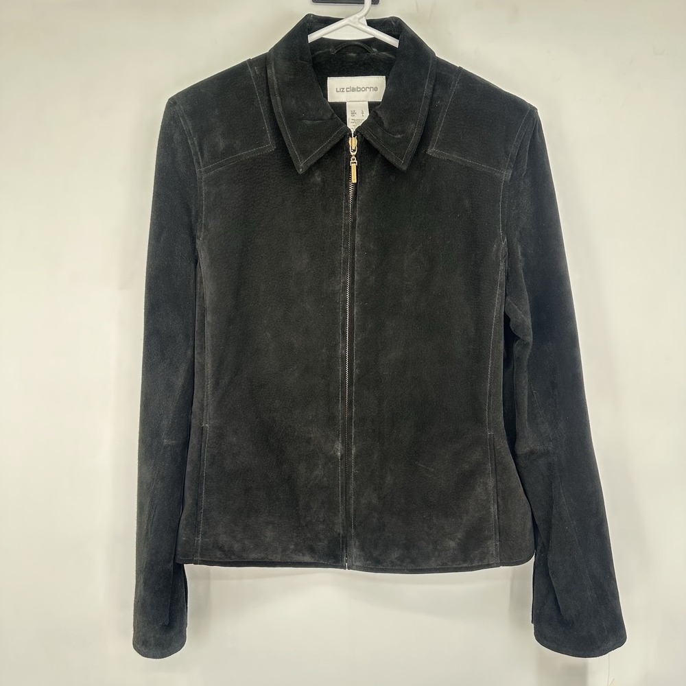 Liz Claiborne Women's Black Suede Zip Jacket Pocket Classic Minimalist Chic Sz L
